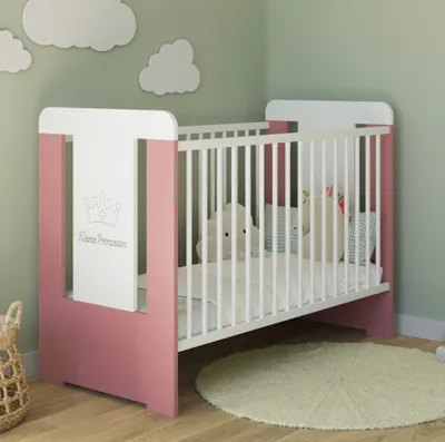 Image de Lit à barreaux pour bébé avec gravure Petite Princesse 60x120 réglable en hauteur | barreaux amovibles blanc rose fille  Europe