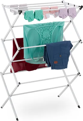Immagine prodotto di Stendibiancheria pieghevole Relaxdays, 11 aste, 6 ripiani, L x P x A: 105x73x37 cm, stendibiancheria a torre, struttura in metallo, bianco