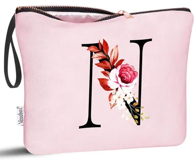 Image de Pochette de toilette avec les initiales N, rose, en coton, imperméable