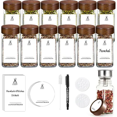 Obrázek produktu pro Sada 12 sklenic na koření, objem 120 ml, čtvercový tvar, s víčky z akáciového dřeva
