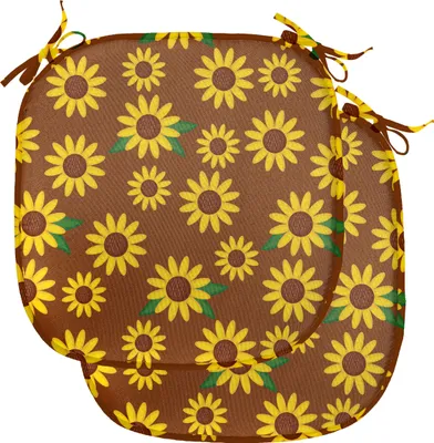 Produktbild von ABAKUHAUS Sonnenblume Polster für Esszimmerstühle, Cartoon-Blüten, Dekoratives wasserfestes Kissen mit Riemen für Küchensitze, 40 cm x 40 cm-2er Pack, Gelb Grün Braun