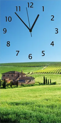 Produktbild von Wallario Design Wanduhr bedruckt, Größe 30 x 60 cm, Motiv: Farm in der Toskana