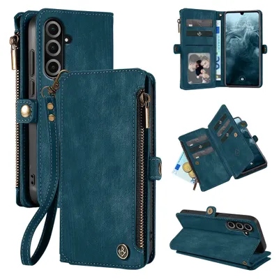 Collage of a teal wallet phone case for a Samsung Galaxy A26 5G, showing different angles and features.