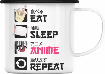 Produktbild von Trendation -  Eat Sleep Anime Emaille Tasse Geschenk Spruch Emaille Emaille Tasse Geschenke Deko (Schwarz)