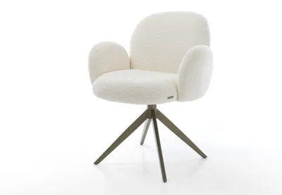 Produktbild von DELIFE Drehstuhl Nube-Flex mit Armlehnen Bouclé Weiß Kreuzgestell breit Effektfinish Titan 360° drehbar Wippfunktion Taschenfederkern