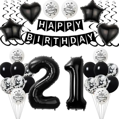 21. Geburtstag Ballon-Deko Set schwarz, Folienballon Zahl 21