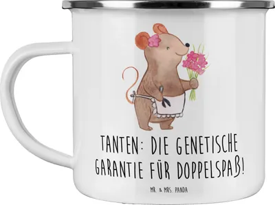 Produktbild von Mr. & Mrs. Panda Teetasse Tanten Doppelspaß - Weiß - Geschenk, Jubiläen, Familie, Spaß, Emaille Tasse, Teebecher, Haferl, Verwandtschaft, Pott, becher, Freude, Spiel