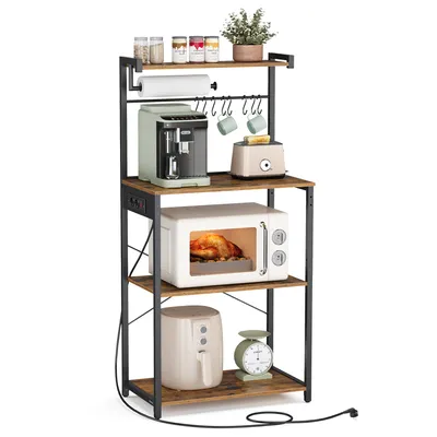 A kitchen baker's rack filled with appliances and kitchenware, presented against a white background.