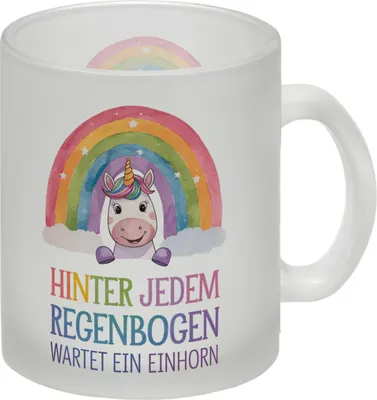 Produktbild von Lächelndes Einhorn Glas Tasse Hinter jedem Regenbogen