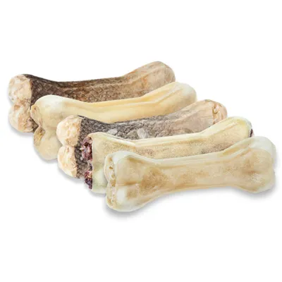 Produktbild von Set mit 5 Knochen für Hunde (17 cm) – Sorten: Lachs, Pansen, Dorsch, Rinderpenis, Huhn – 100 % natürlicher Kausnack