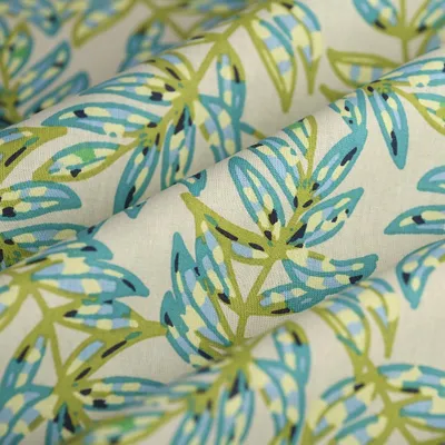 Imagen del producto de Tela de crepé, 146 cm de ancho, color verde, estampado de hojas, certificado