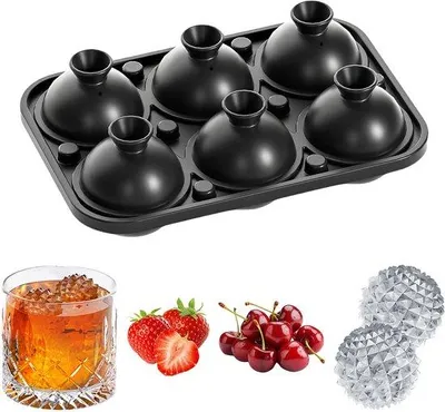 Image de Moules à glaçons en silicone Benzoa® avec couvercle – 6 cavités rondes, entonnoir intégré, hermétique et empilable, réutilisable, de -40 à 230°C, idéal pour le whisky et les boissons