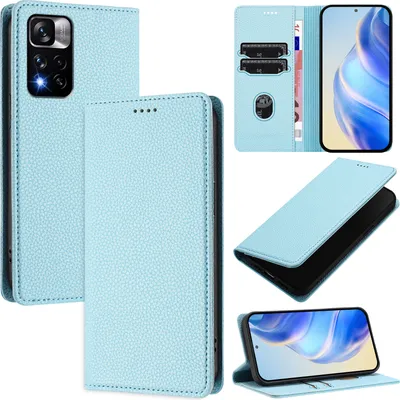 Produktbild von Litchi Leder Handyhülle für Xiaomi Poco X4 NFC Wallet Kartenfächer Standfunktion Hülle Hellblau