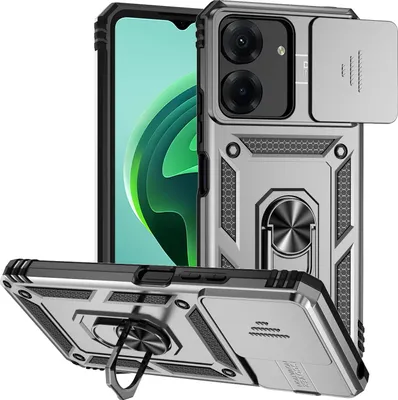 Image de Etui pour Xiaomi Redmi 13C /Poco C65 étui double couche avec protection coulissante de l'appareil photo et anneau de support Argent