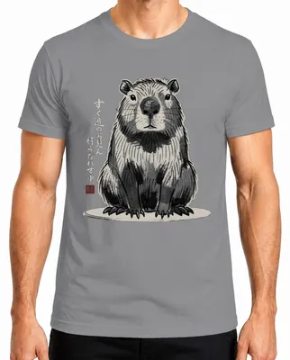 Imagen del producto de Camiseta para hombre con diseño de capibara al estilo japonés sumi-e, con motivos de "cerdo de agua", estilo Y2K, color gris, talla L