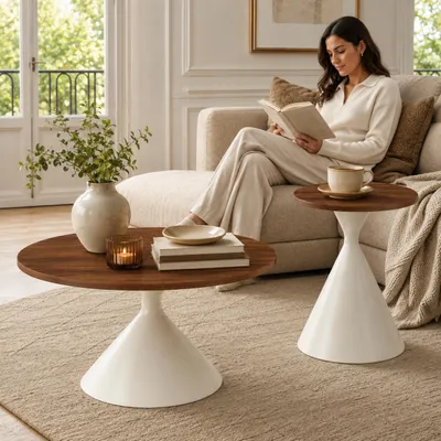 Produktbild von Couchtisch 2er Set rund, Walnussoptik, Beistelltisch mit Metallfuß, KI-generiertes Bild