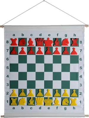 A demonstration chess board with red and yellow pieces set up.