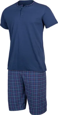 Produktbild von Schlafanzug Herren Kurz Pyjama Baumwolle Set Shorts T-Shirt (Dunkelblau kariert, XL)