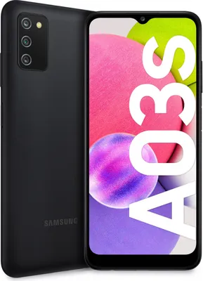 A black Samsung Galaxy A03s smartphone is shown from the back and front, with large white text overlaying the screen.
