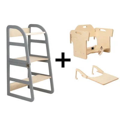 Produktbild von leg&go Verstellbarer Lernturm 2-in-1 Set - Montessori Lernturm mit Fütterungsstuhl & Tisch, Grau