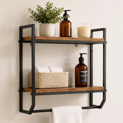 Productafbeelding van Relaxdays Wandplank, 2 planken, handdoekhouder, metaal & MDF, geschikt voor badkamer en keuken, afmetingen (hoogte x breedte x diepte): 40x40x15 cm, hangplank, bruin/zwart