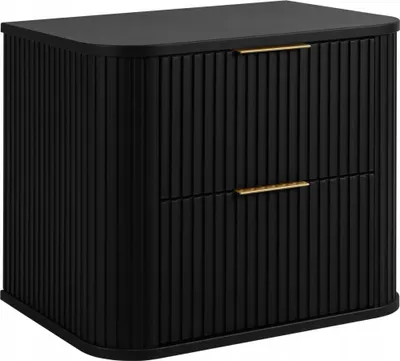 A black cabinet with two drawers and gold handles, shown against a white background.