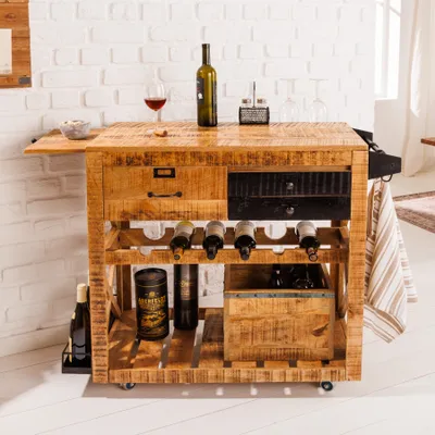 Produktbild von riess-ambiente Industrial Barschrank BODEGA 86cm Mangoholz Servierwagen mit Weinregal und Aufhängung Barregal Weinschrank Schrank
