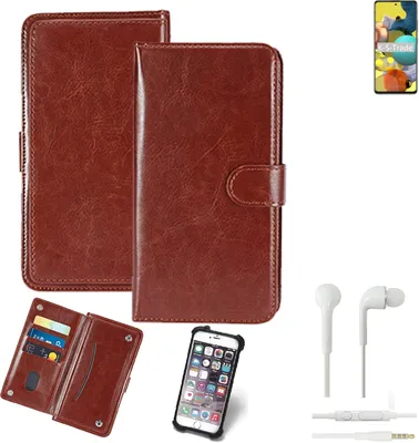 Produktbild von K-S-Trade 360° Hülle kompatibel mit Samsung Galaxy A51 5G inkl. Headphones braun Kunstleder Case BookCase WalletCase Kunstlederederhülle
