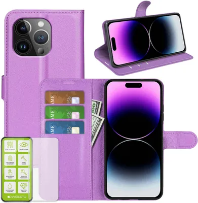 Produktbild von Für Apple iPhone 15 Pro Handy Tasche Lila Etuis Kunst-Leder Hülle Case + H9 Hart Glas