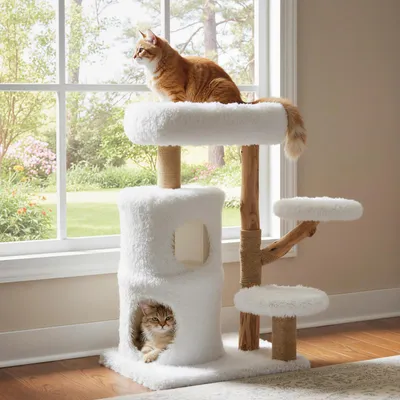 Immagine prodotto di COSTWAY Tiragraffi in legno, altezza 93 cm, tiragraffi con morbide piattaforme in peluche, cuccia a 2 piani, colonne in juta, corda in sisal, bianco