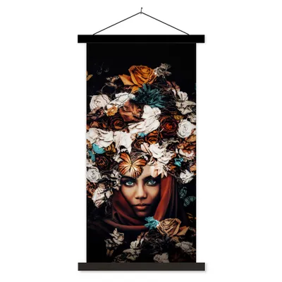 Produktbild von MuchoWow® Textilposter Blumen - Schmetterling - Frauen - Kopftuch 40x80 cm mit schwarzem Rahmen - Wandemalerei