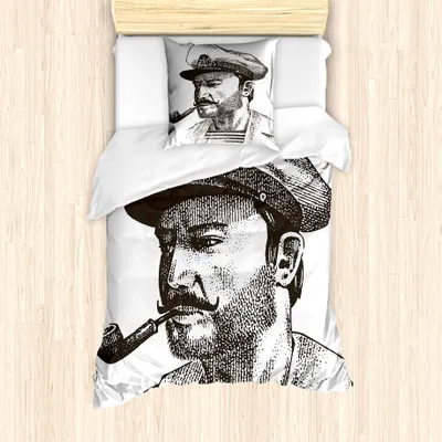 Produktbild von ABAKUHAUS Vintage Nautical Tattoo Bettbezug Set für Einzelbetten, Maritime Boatswain, Milbensicher Allergiker geeignet mit Kissenbezug, 135 cm x 200 cm - 80 x 80 cm, Dunkler Taupe Weiß