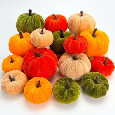 Productafbeelding van Set van 16 fluwelen kunstpompoenen voor herfstdecoratie