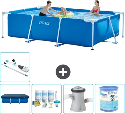 Produktbild von Intex-Schwimmbecken mit rechteckigem Rahmen – 300 x 200 x 75 cm – Blau – im Lieferumfang enthalten Abdeckung - Wartungspaket - Filterpumpe für Schwimmbad - Filter - Staubsauger
