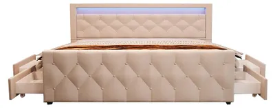 Produktbild von HOME DELUXE - Polsterbett VELARA - 180 x 200 cm, Farbe: Beige, gepolstertes Kopfteil mit LED Beleuchtung, inkl. 4 Schubladen I Doppelbett Komforbett, KI-generiertes Bild