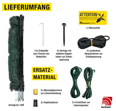 Produktbild von horizont strongLine Hühnerzaun 50m, 120cm hoch - Geflügelzaun mit Strom - 15 Fiberglaspfähle mit Doppelspitze - Geflügelnetz, mobiler Zaun für Hühner, flexibler Zaun, Elektrozaun Hühner