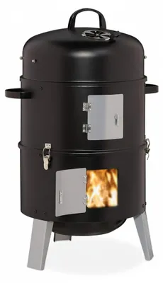 Produktbild von Relaxdays Smoker 3in1, zum Grillen, Räuchern & Garen, Thermometer & Luftabzug, BBQ Räuchertonne: ∅ 40 cm, Stahl, schwarz