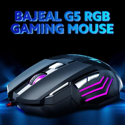 Obrázok produktu pre BAJEAL G5 – káblová herná myš s RGB podsvietením, 7 tlačidlami a ergonomickým tvarom, 4-stupňové nastavenie rýchlosti pohybu, pre stolné počítače, čierna