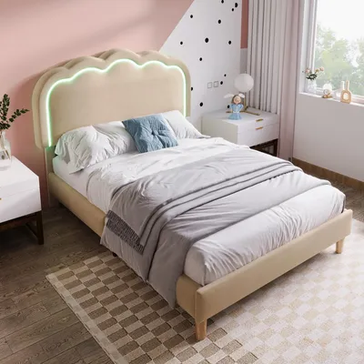 Produktbild von Polsterbett 90x200 cm mit LED-Kopfteil und Lattenrost, Bettgestell höhenverstellbar aus Leinen, stabiles Jugendbett & Gästebett ohne Matratze, Beige