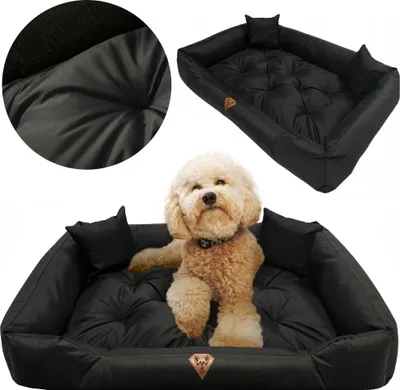 A collage of images showing a black dog bed with a dog in it, and close-up views of the bed's material and structure.