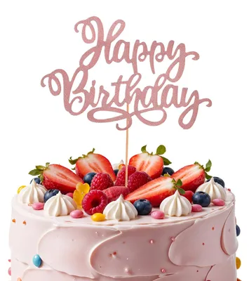 Tortenaufsatz Happy Birthday, rosa Glitzer, 16,7 x 11,5 cm