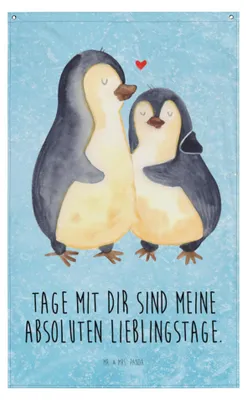Produktbild von Mr. & Mrs. Panda Wandteppich Pinguin umarmen - Eisblau - Geschenk, Hochzeitstag, Wandbehang, Wandbild, Liebe, Wandbanner, Hochzeit, Tapestry, Stoffbild