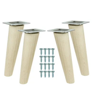 Four wooden furniture legs with metal mounting plates and a set of screws, arranged on a white background.