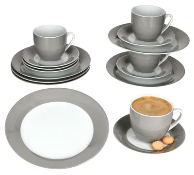 Produktbild von 18tlg Kaffeeservice Variant Grau Porzellan 6 Personen Tassen Untertassen Teller