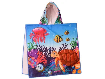Produktbild von Kinderponcho "SCHILDKÖTE UND FISCHE", blau - verschiedene Größen. Größe: 60 x 90 cm