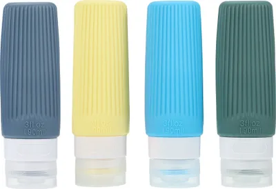 Produktbild von 4 Stück Silikon-Reiseflaschen Reise Toilettenartikel Set, für Shampoo Creme Spülung Körperpflege,Reiseflaschen zum Befüllen Set, 90 ml Behälter, Blau