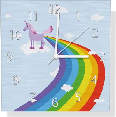 Produktbild von Wallario Design Wanduhr Einhorn mit Regenbogen aus dem Hintern aus Aluverbund, Größe 30 x 30 cm