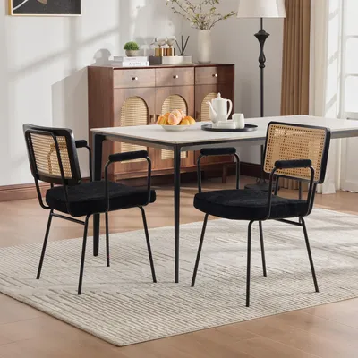 Produktbild von MODFU Esszimmerstuhl Set mit Armlehnen,2er-Set Küchenstuhl,Loungesessel mit Polster Rattan Optik,für Esszimmer,Chenille,Schwarz