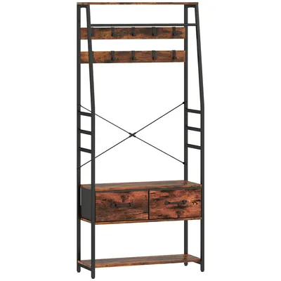 Produktbild von Garderobe mit Schuhregal, Mantelständer mit Sitzbank, 10 Haken, 2 Stoffschubladen, Kleiderstange, Spanplatte, Metall, Braun