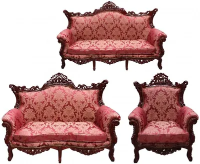 Produktbild von Casa Padrino Barock Wohnzimmer Set Bordeaux Muster / Braunrot - 3-er Sofa + 2-er Sofa + 1 Sessel - Barock Möbel